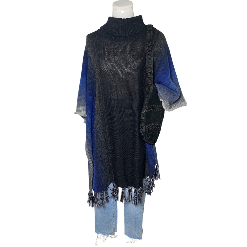 Boho Ombre‎ Fringe Alpaca Blend Turtleneck Poncho Indigenous OS